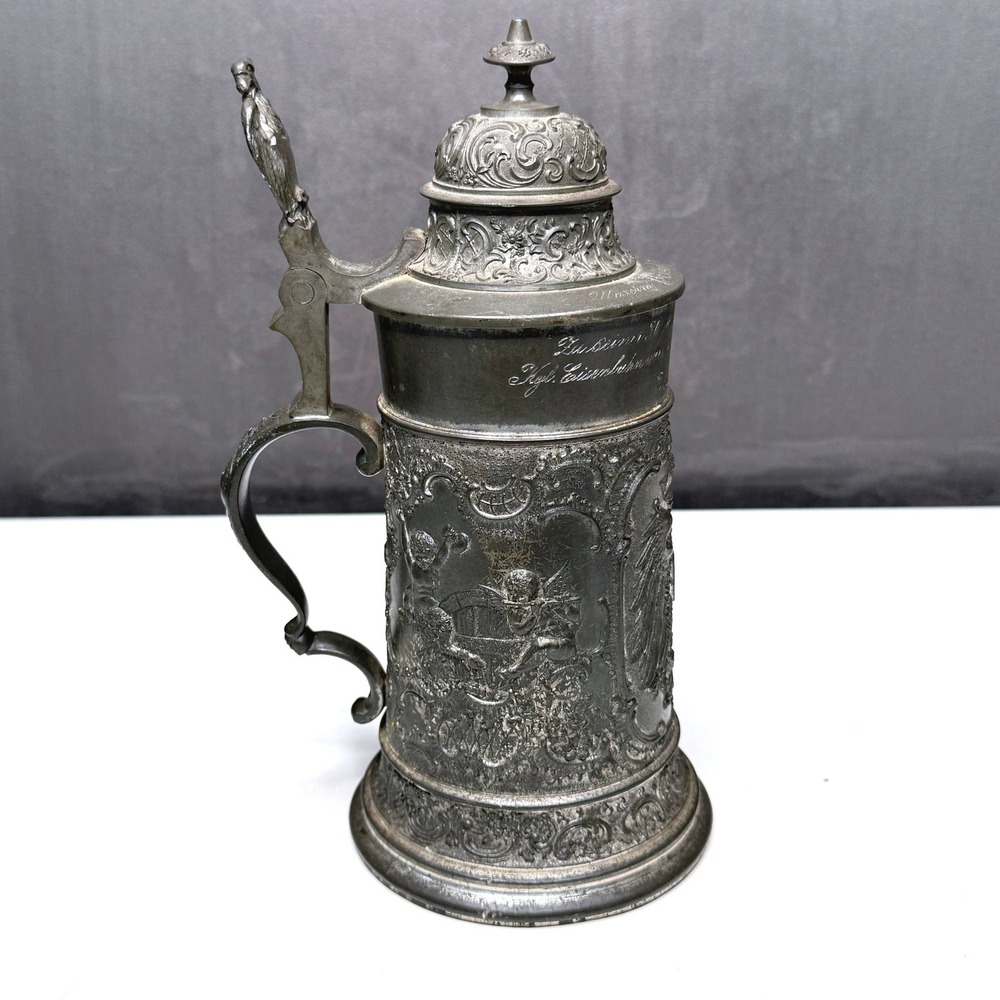 Antique c1900 F&M German Stein Pewter Royal Railway Presentation Teutonia Heavy